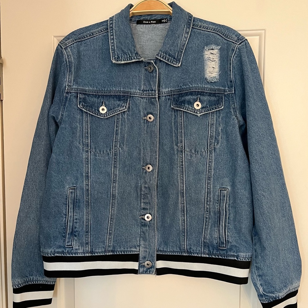 Women’s Distressed Denim Jacket with Navy & White Knit Bottom Band and Cuffs